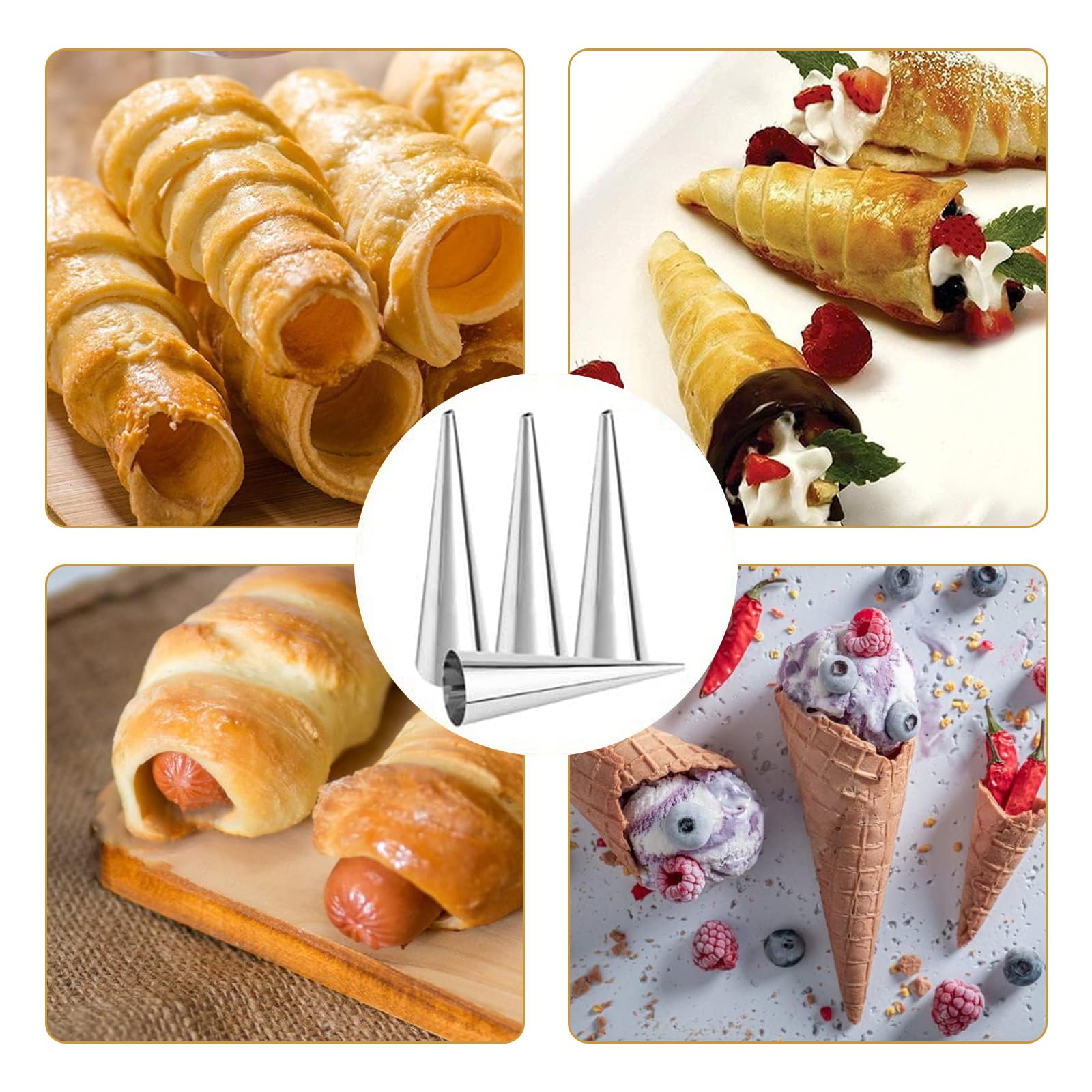 20Pcs Large Conical Cream Horn Molds, Non-stick Cream Horn Molds Stainless Steel, 5 inch Large Size Cannoli Tubes Kit Pack of Baking Cones Pastry Roll Horn Croissant Mold With brush