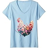 Womens Chicken Floral Art Graphic Women Farm Chicken Lover Colorful V-Neck T-Shirt