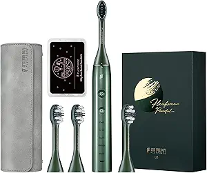 Flexforce Electric Toothbrush Adult, Rotating, Whitening Teeth Without Hurting Gums, 4 Replacement Toothbrush Heads, 1 Travel Box, 1 Dental Floss, Inductive Rechargeable, 5 Cleaning Modes, Green