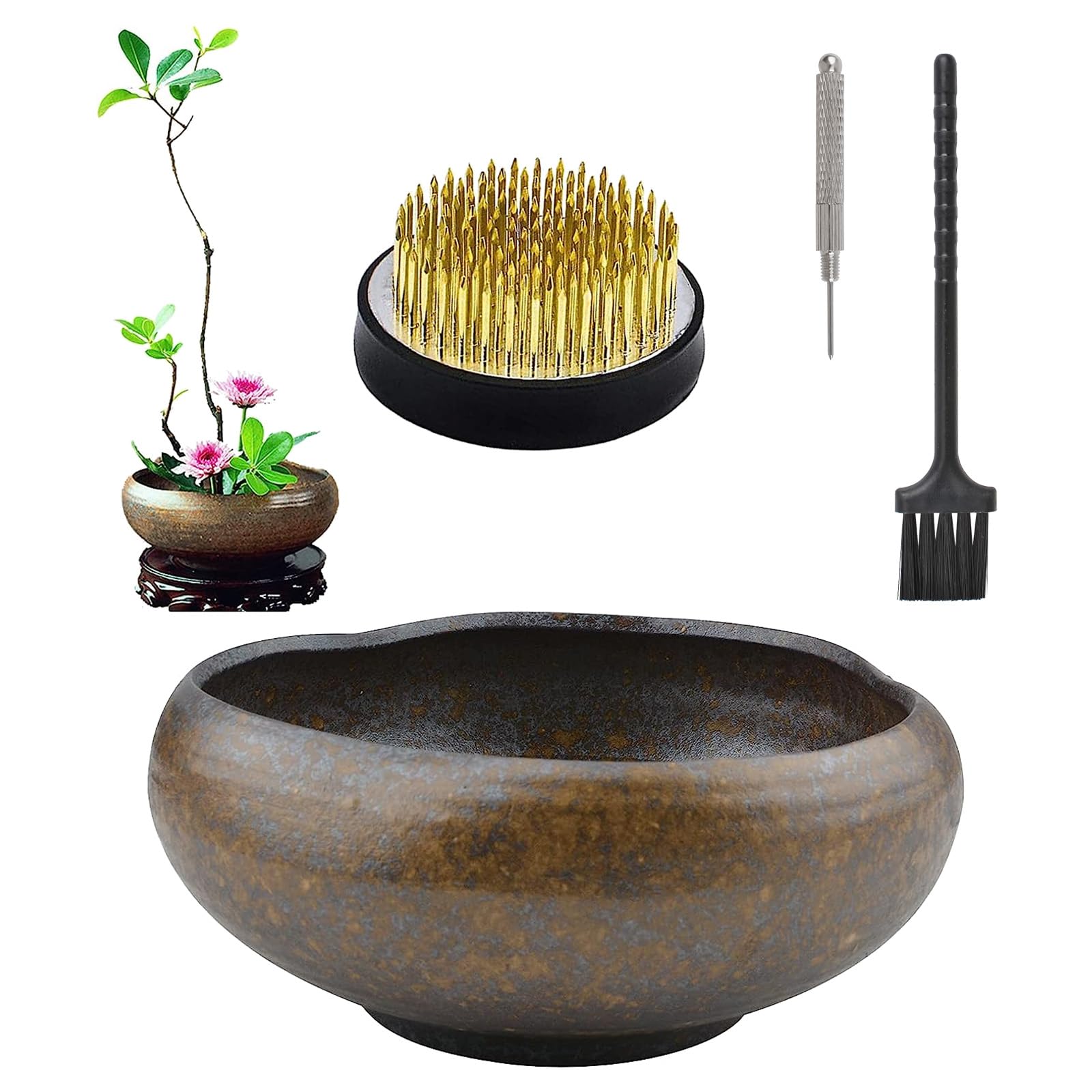 CRAFFANCY Flower Arrangement Kit, Camel Ceramic Planter Pot with 5cm Kenzan Flower Frog Pottery Floral Arranging Pin Needle Holder for Home Decor