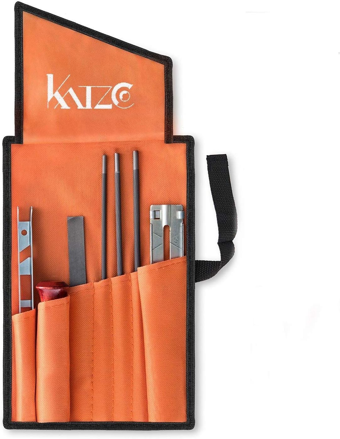 Katzco Chainsaw Sharpener File Kit - Contains 5/32, 3/16, and 7/32 Inch Files, Wood Handle, Depth Gauge, Filing Guide, and Tool Pouch - for Sharpening and Filing Chainsaws and Other Blades: Garden & Outdoor
