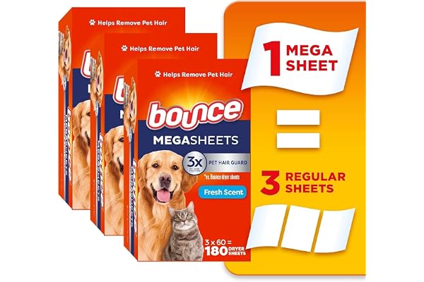 Pet Hair and Lint Guard Mega Dryer Sheets with 3X Pet Hair Fighters, Fresh Scent, 180 Count