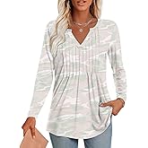 COFNEW Womens Long Sleeve Tunic Tops Ladies Fall Fashion Casual Shirt V Neck Pleated Blouse