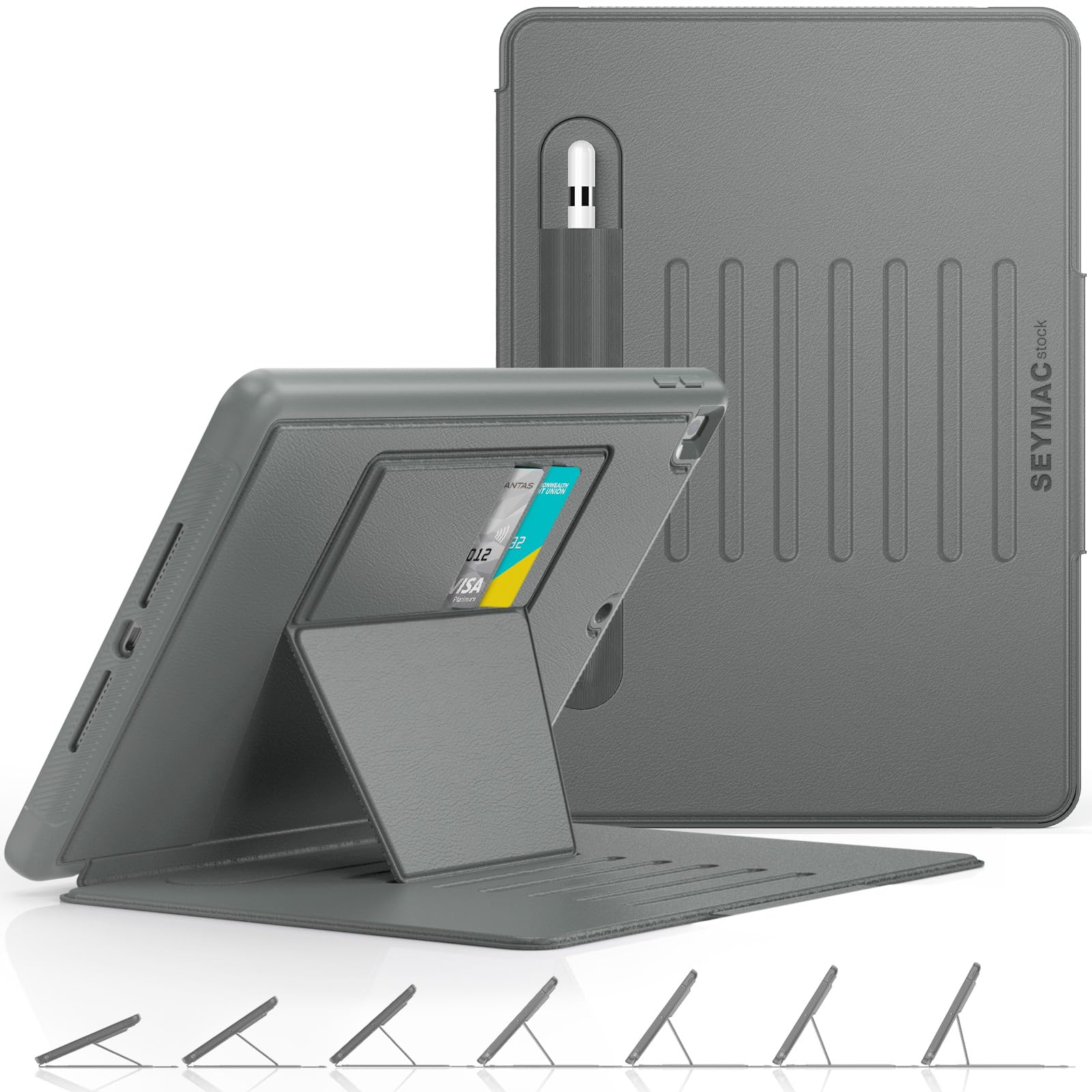 SEYMAC stock Case for iPad 9th/8th/7th Generation 10.2'', [Strong Magnetic] Auto Sleep/Wake Drop Proof Cover with [Multi-angle Stand] Pencil Holder, Card Slot for iPad 10.2 Inch 2021/2020/2019, Gray