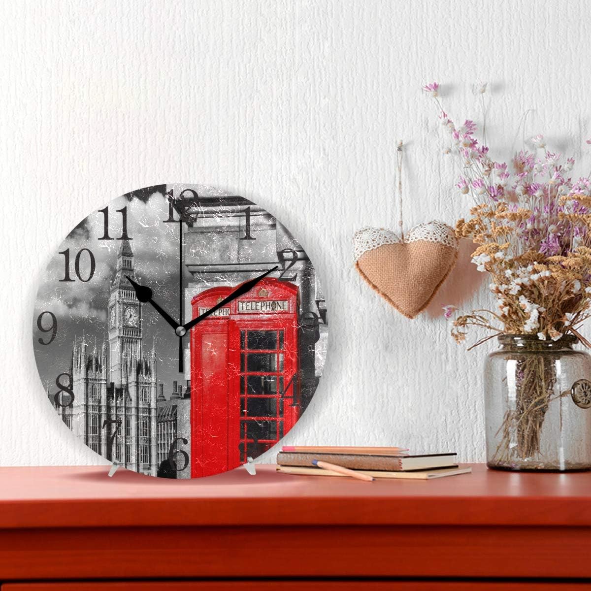 ISAOA 9.5 Inches Modern Wall Clock,Silent Non-ticking 1 English Red Telephone Booths With Big Ben In London UK Round Desk Clock Cube Clock for Bedrooms,Kids,Living Room,Kitchen - Image 3