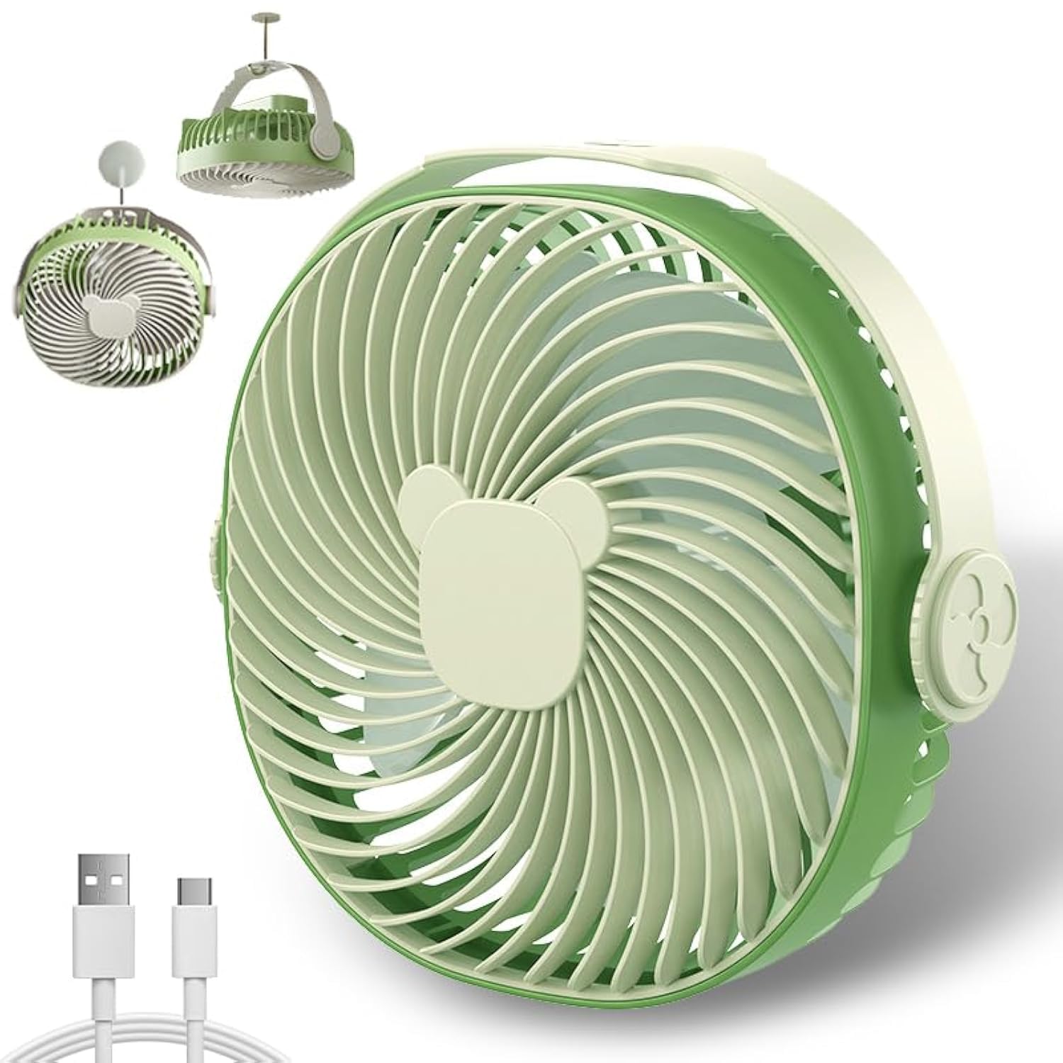 Photo 1 of **MISSING C PORT CHARGER WIRE**Small desktop fan, portable USB charging fan, 360 ° inclined hanging personal mini fan, plug and play night light fan, strong wind, ultra quiet, 3-speed mode (green)