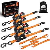 METOWARE Retractable Ratchet Straps (4-Pack) - 1" x 10' (1500lb Break Strength) - Heavy Duty Auto Self Retracting Tie Down Straps for Truck, Trailer, Cargo Van, Motorcycle - Orange