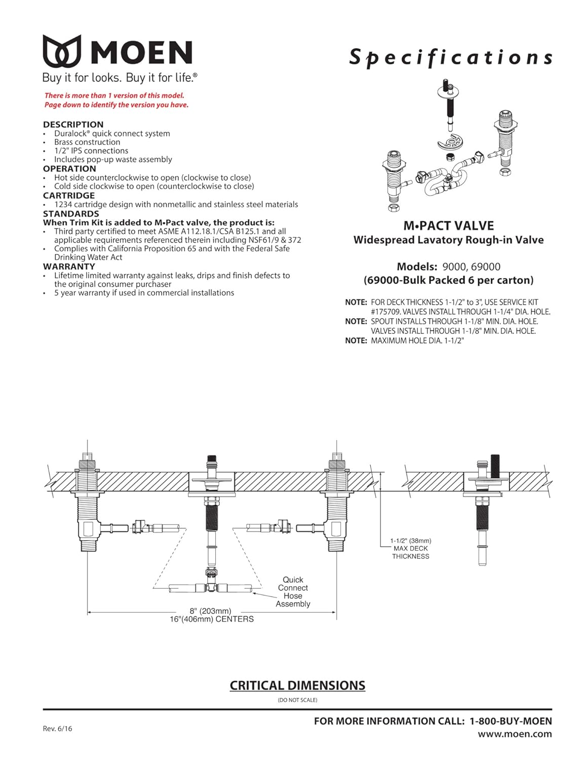 Rough Plumbing Moen 9000 Widespread Lavatory RoughIn Valve with Drain