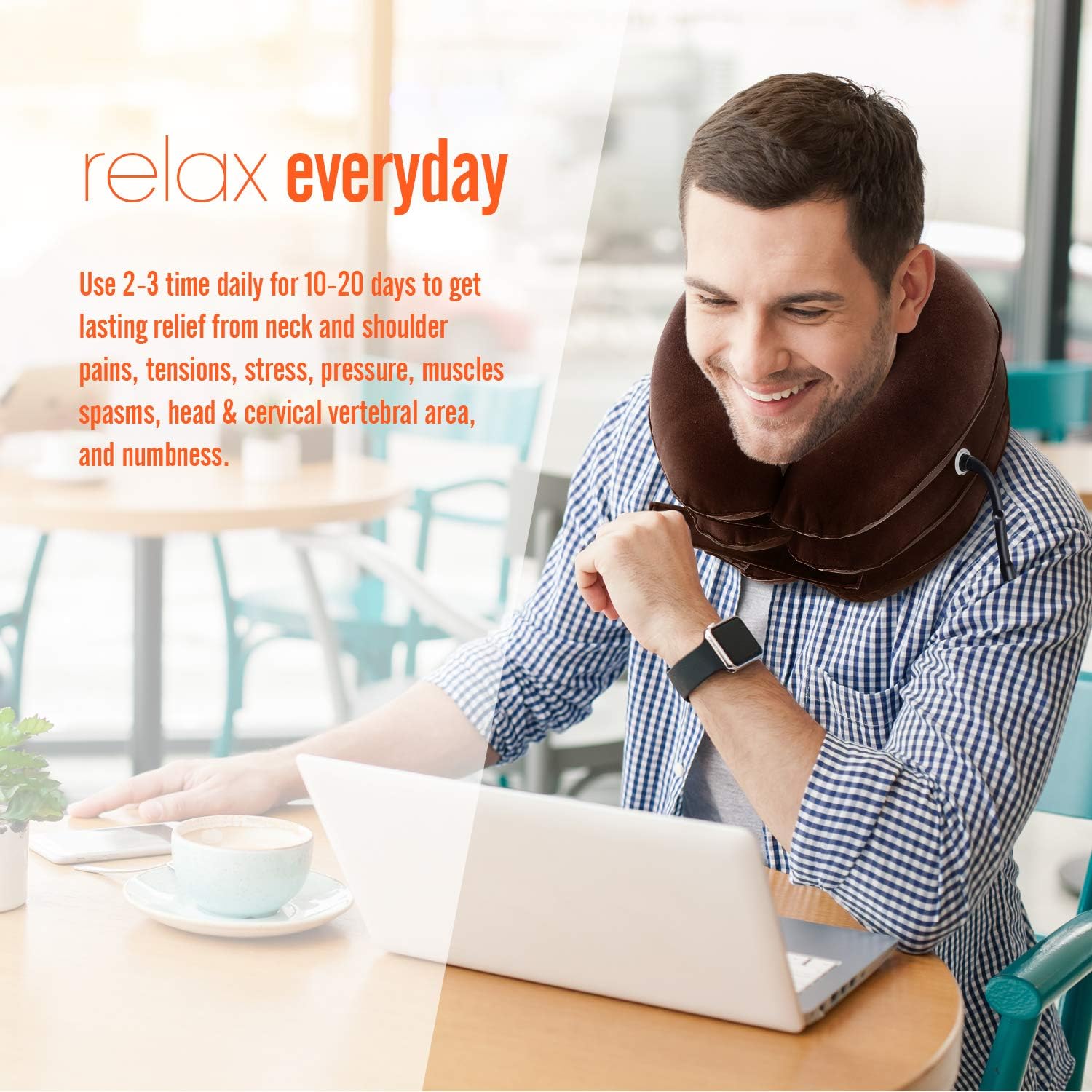 Ohuhu Neck Cervical Traction Collar Device for Neck Shoulder Back Head Pain Relief Inflatable Spine Alignment Pillow, Brown Father's Day Gift: Health & Personal Care