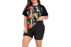 Davena Women's Plus Size 2 Piece Rash Guard Short Sleeve Swimsuit with Boyshorts Swim Shirt UPF 50+