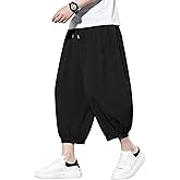 Tripleberly Mens Capri Pants Wide Leg Baggy Harem Pants Men Drawstring Elastic Waist 3/4 Capri Shorts Blow Knee with Pockets