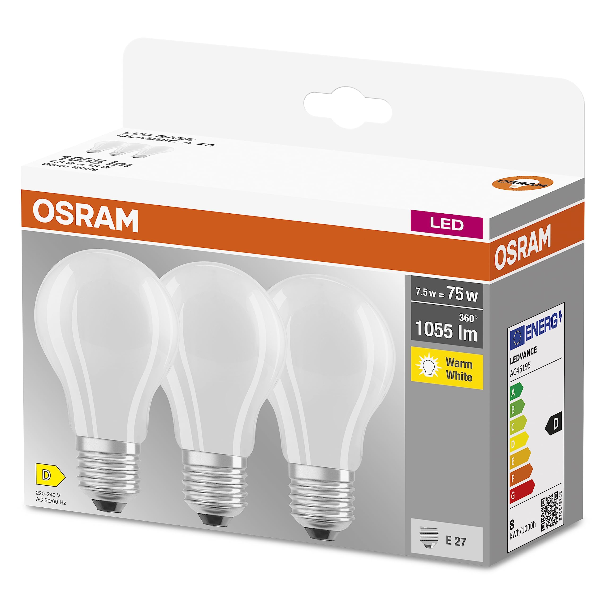OSRAM LED Base Classic A75, Frosted Filament LED Lamps Made of Glass for E27 Base, Bulb Shape, Warm White (2700K), 1055 Lumen, Replaces Conventional 75W Bulbs, Box of 3