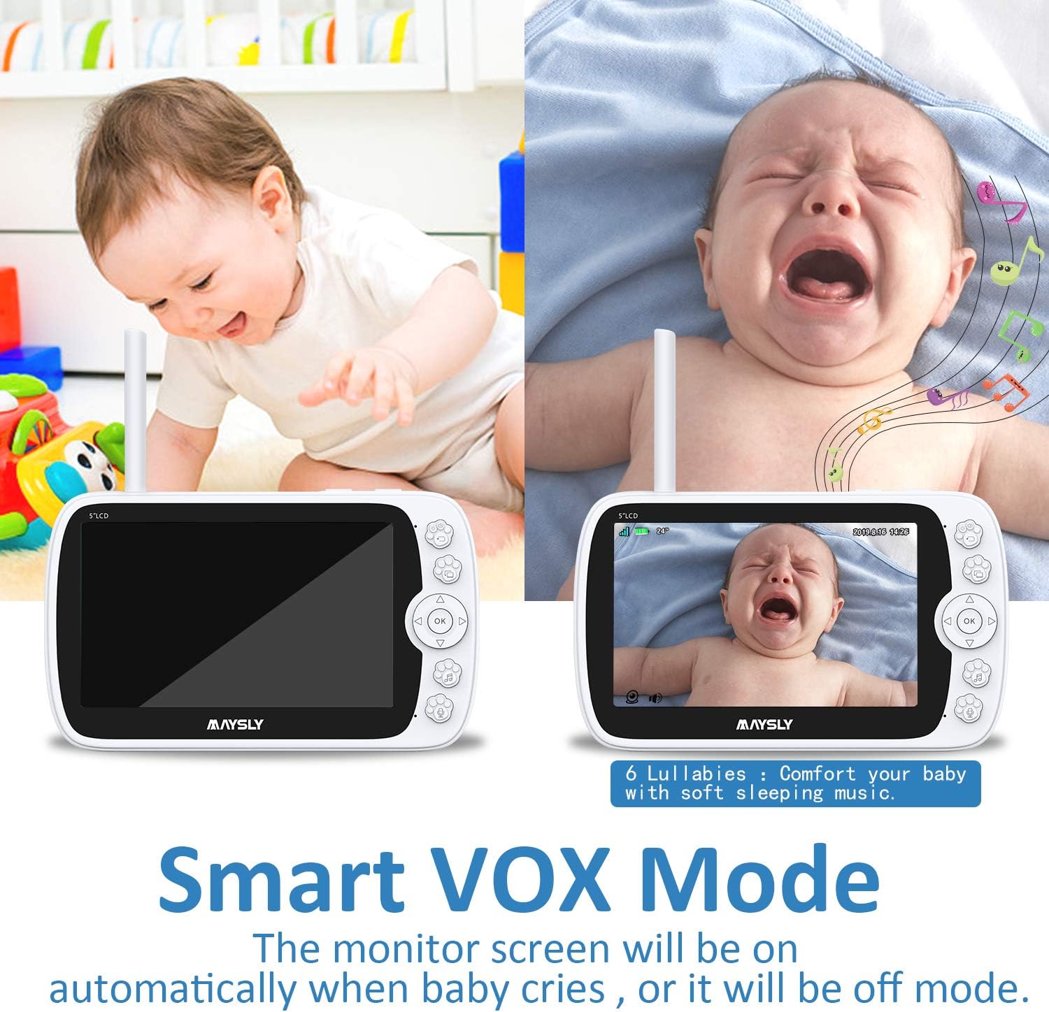 Video Baby Monitor with Camera and Audio , Maysly 1080P 5" LCD Screen with Night Vision Two Way Audio Temperature Detection VOX Mode 1000ft Range Support Video Storage and Playback: Home Improvement