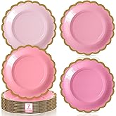 Tiangrid 48 Pcs Valentine's Day Pink Paper Plates 7 Inch Gradient Pink Scalloped Disposable Dessert Plate for Women Coquette Bridal Wedding Birthday Galentine's Baby Shower Party Supplies