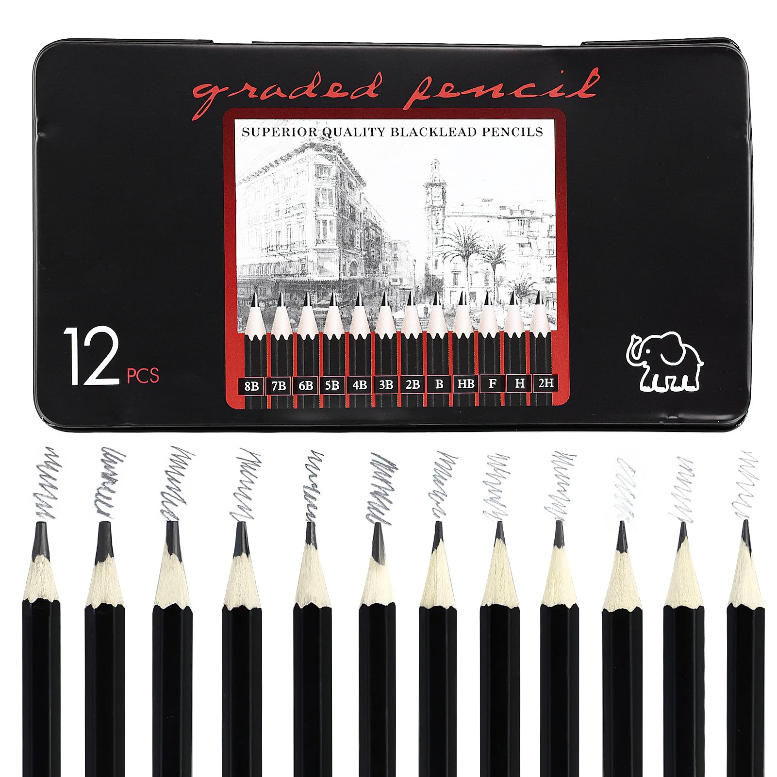 HXMJIED 12Pcs Sketching Pencils 8B, 7B, 6B, 5B, 4B, 3B, 2B, B, HB, F, H, 2H Drawing Pencils with Graphite Lead, Professional Sketch and Drawing Pencils Set, Art Pencil(8B-2H)