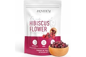 Homtiem Organic Dried Hibiscus Flower 8 Oz (227g) - Whole Petals, Non-GMO, Vegan, All-Natural, Versatile for Cooking & Beverages, Great for Herbal Tea, Drinks & Recipes