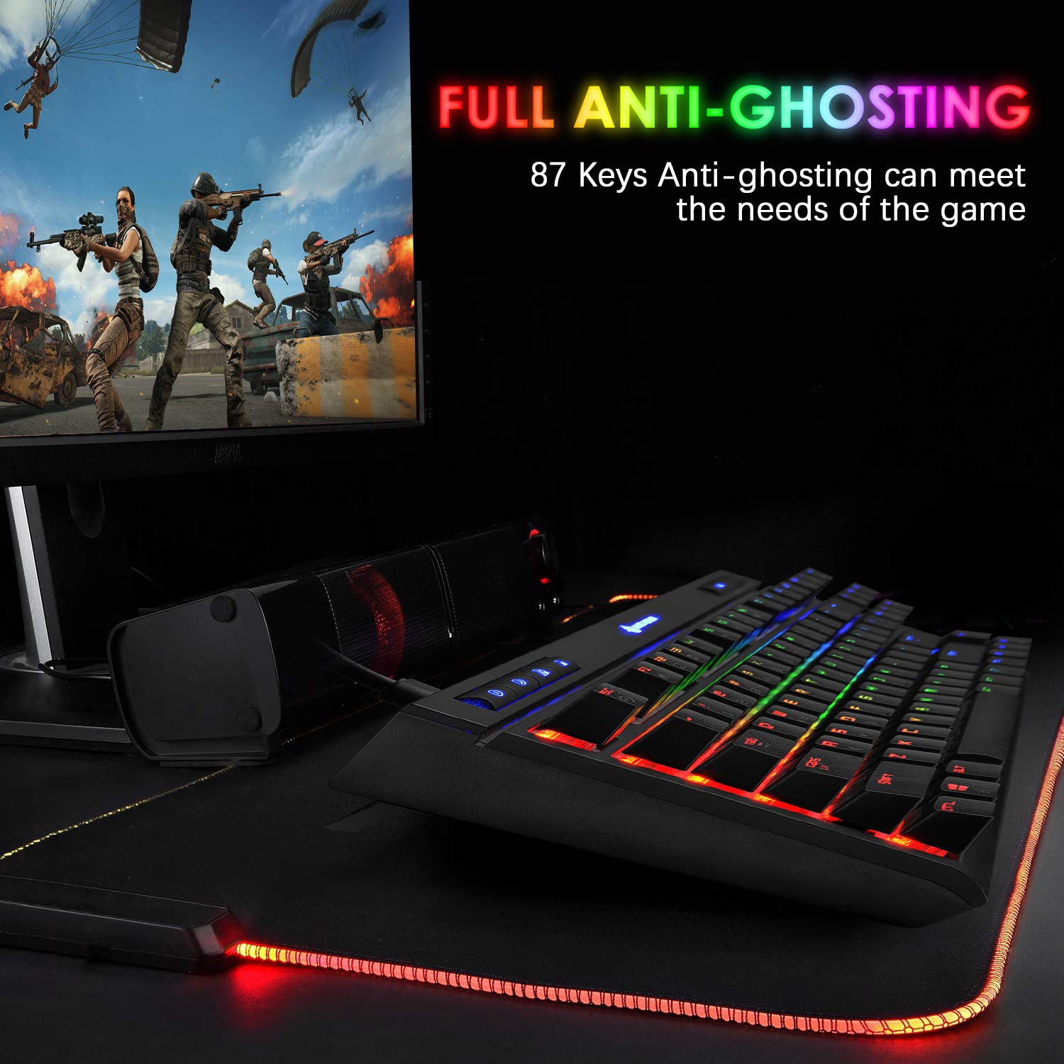 ZIYOU LANG Mechanical Gaming Keyboard,87 Keys Chroma RGB LED Backlit,Black Computer Keyboard,PU Wrist Rest,Multimedia Keys,Anti-ghosting Keys,Waterproof Light Up USB Wired Keyboard for PC Mac Xbox