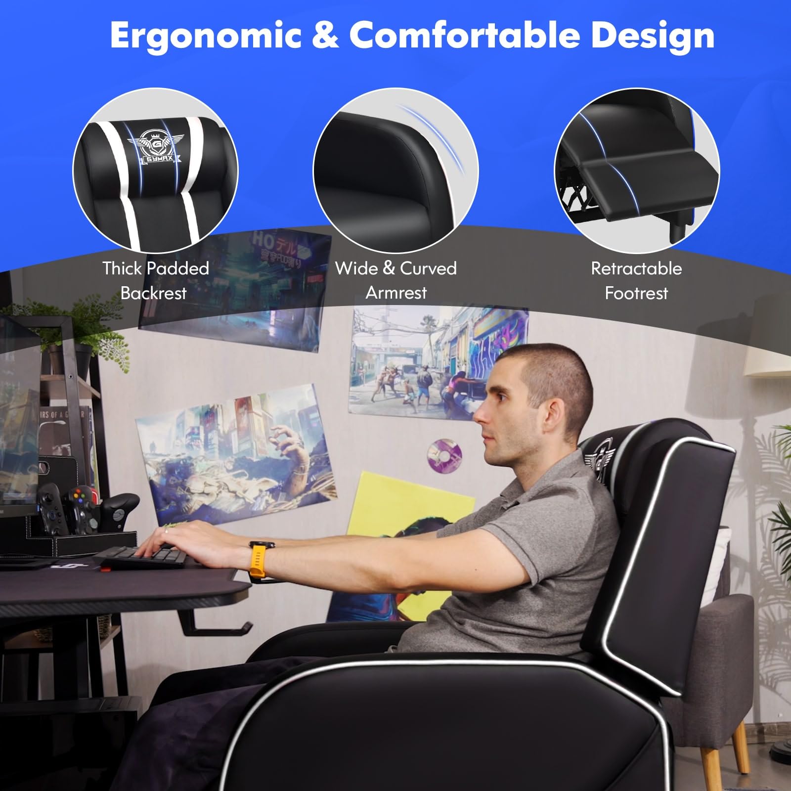 GYMAX Gaming Recliner, Massage Gaming Chair w/Adjustable Footrest