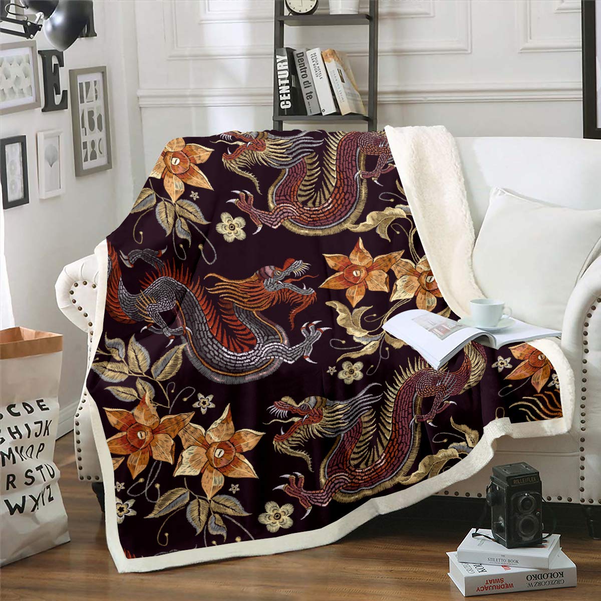 Loussiesd Dragon Fleece Blanket Chinese Style Sherpa Throw Blanket for Sofa Couch Child 3D Animal Warm Plush Blanket ReversiblePlant Floral Theme Fuzzy Blanket Room Soft Decor Baby(30"x40")