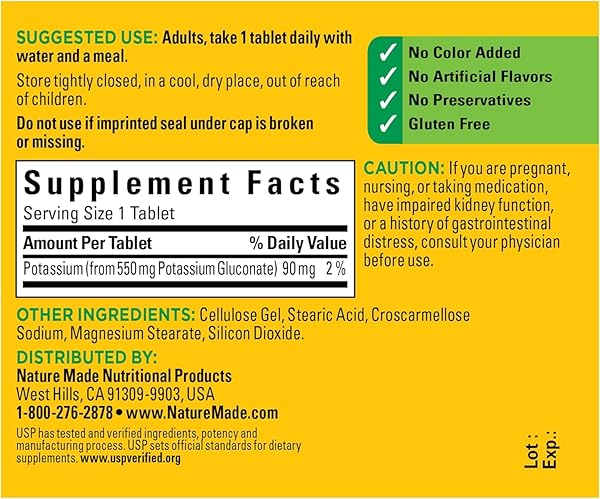 NATURE MADE POTASSIUM GLUCONATE 550MG, 100 TABLETS