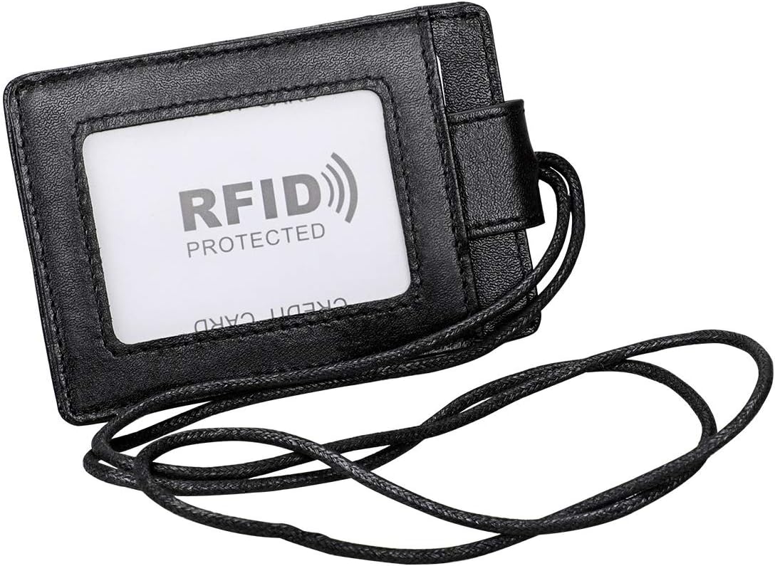 Badge Holder with Lanyard,Boshiho Genuine Leather RFID Blocking ID Badge Card Holder with Secure Snap Button Cover, 4 Card Slots for Offices ID, Driver Licence,School ID