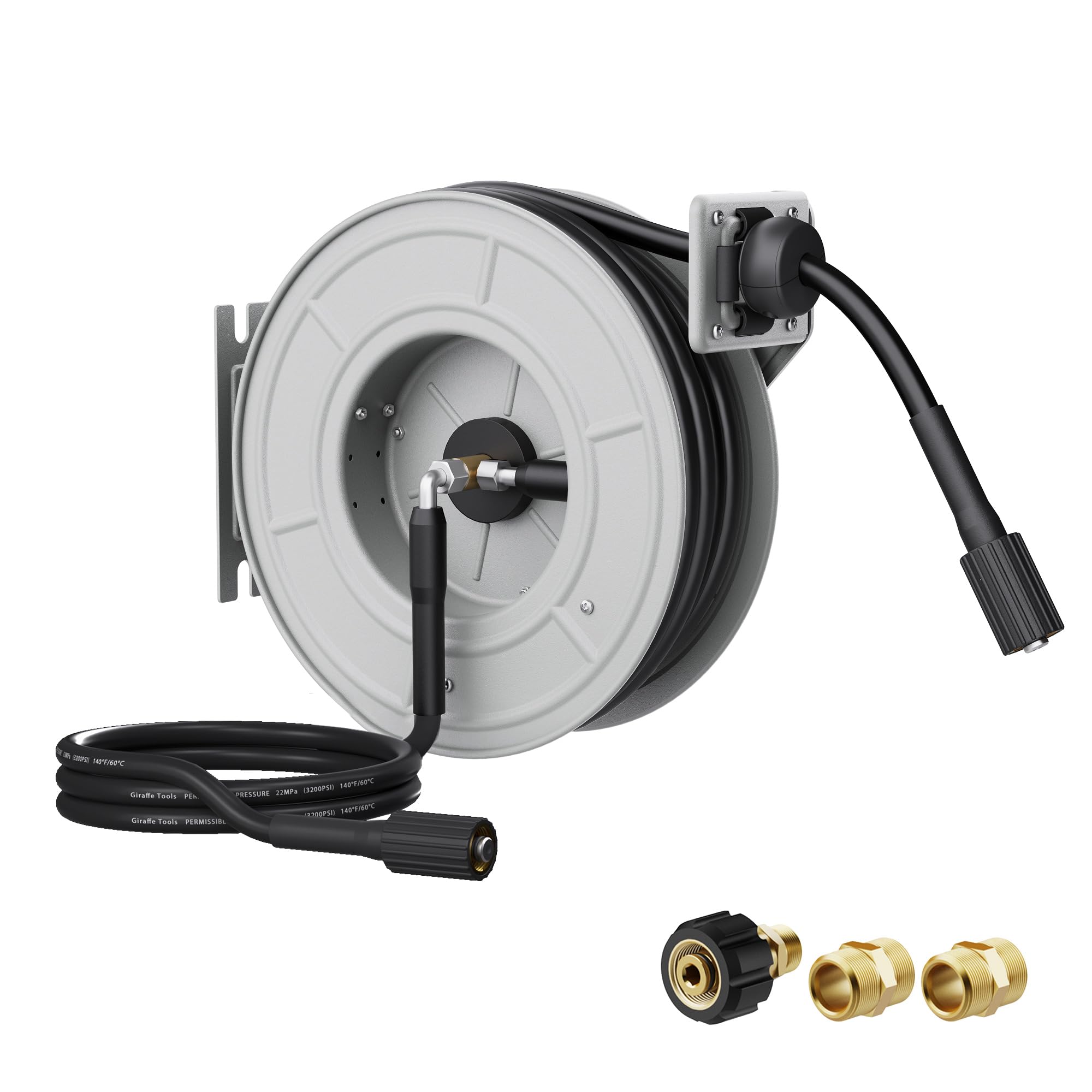 Photo 1 of Giraffe Tools Pressure Washer Hose Reel 65ft, Retractable Power Washer Hose Reel, Heavy Duty, Wall/Floor Mounted, 3200 PSI, Silver