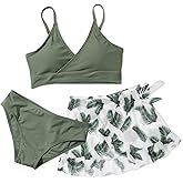 URMAGIC Girls 3 Piece Swimsuits Bathing Suit Cute Ruffle Floral Print Bikini Set with Skirt Kids Swimwear Size 9-14 Years