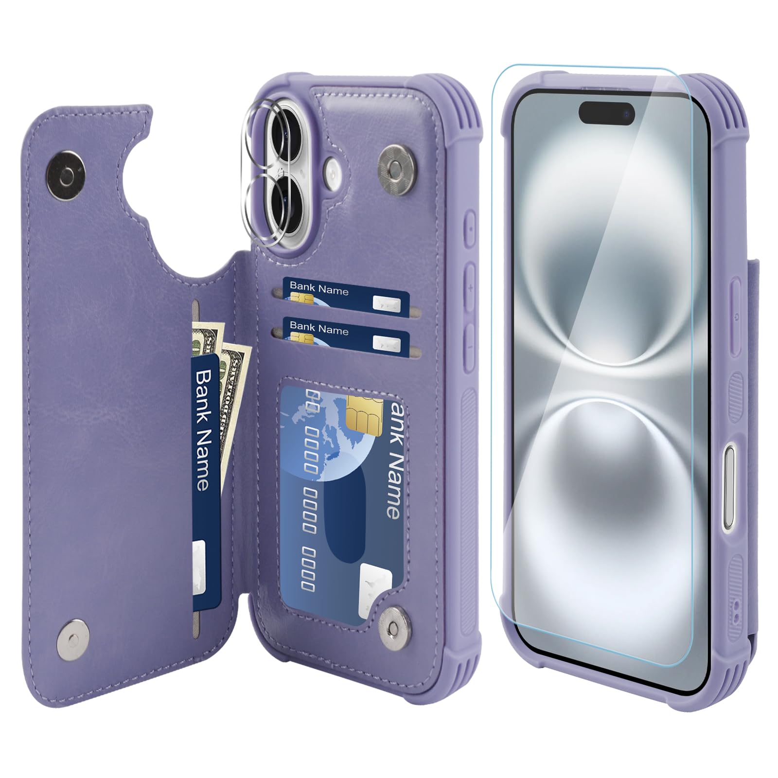 VANAVAGY Compatible for iPhone 16 Plus Wallet Case with Credit Card Holder,Rfid Leather Flip Folio Phone Cover Fits Magnetic Car Mount and Stand with Screen Camera Protector,Clove Purple
