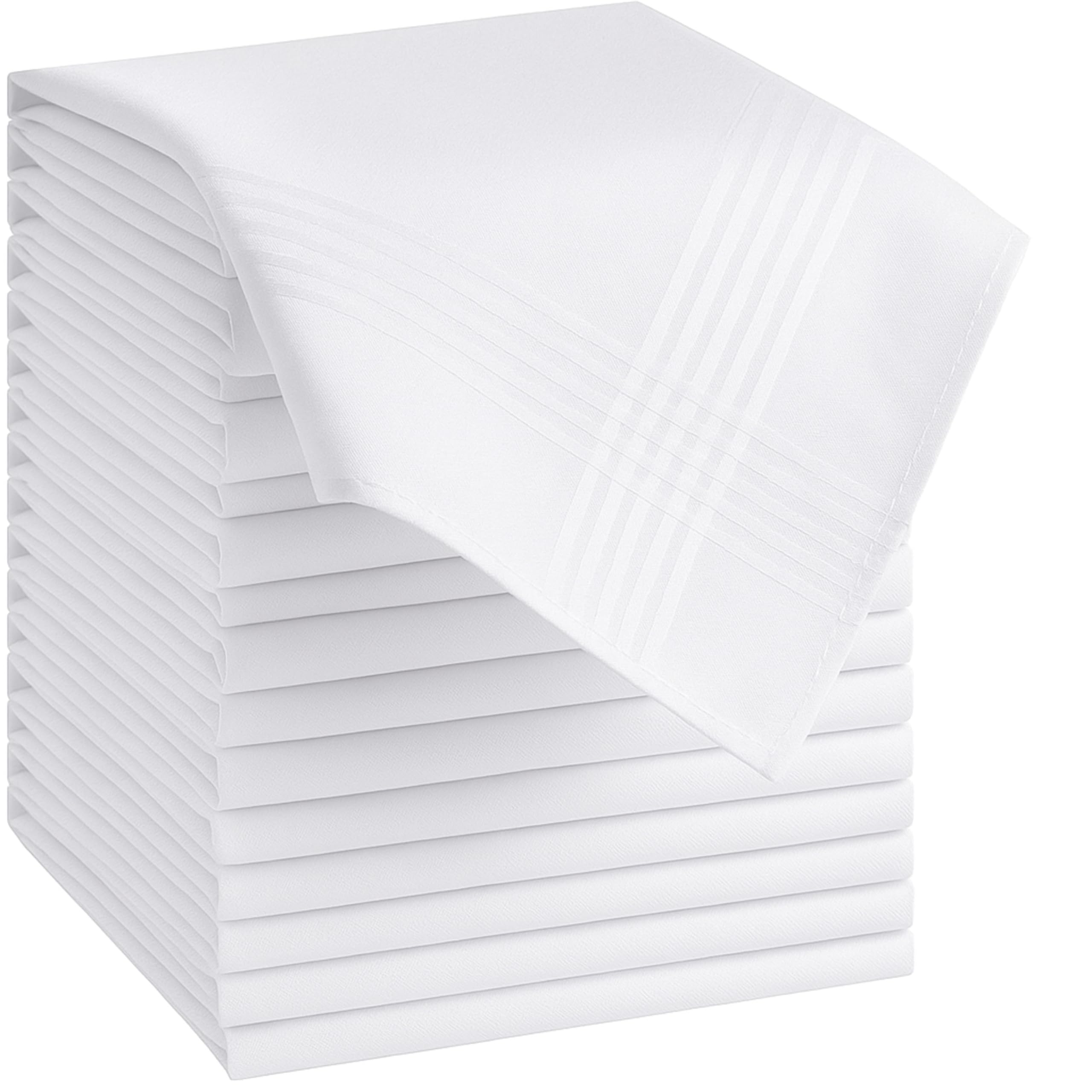 DUDU N GIRLIE Mens White Handkerchiefs Quality Cotton Gents Hankies - 12 Pack of Mans Handkerchieves Satin Border White 100% Soft Cotton Pocket Hanks