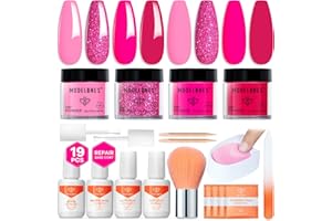 Modelones Dip Powder Nail Kit, 4 Colors Valentine's Day Hot Pink Glitter Dipping Starter Set with Liquid and Complete Accessories for French Nails Art Salon DIY at Home Manicure
