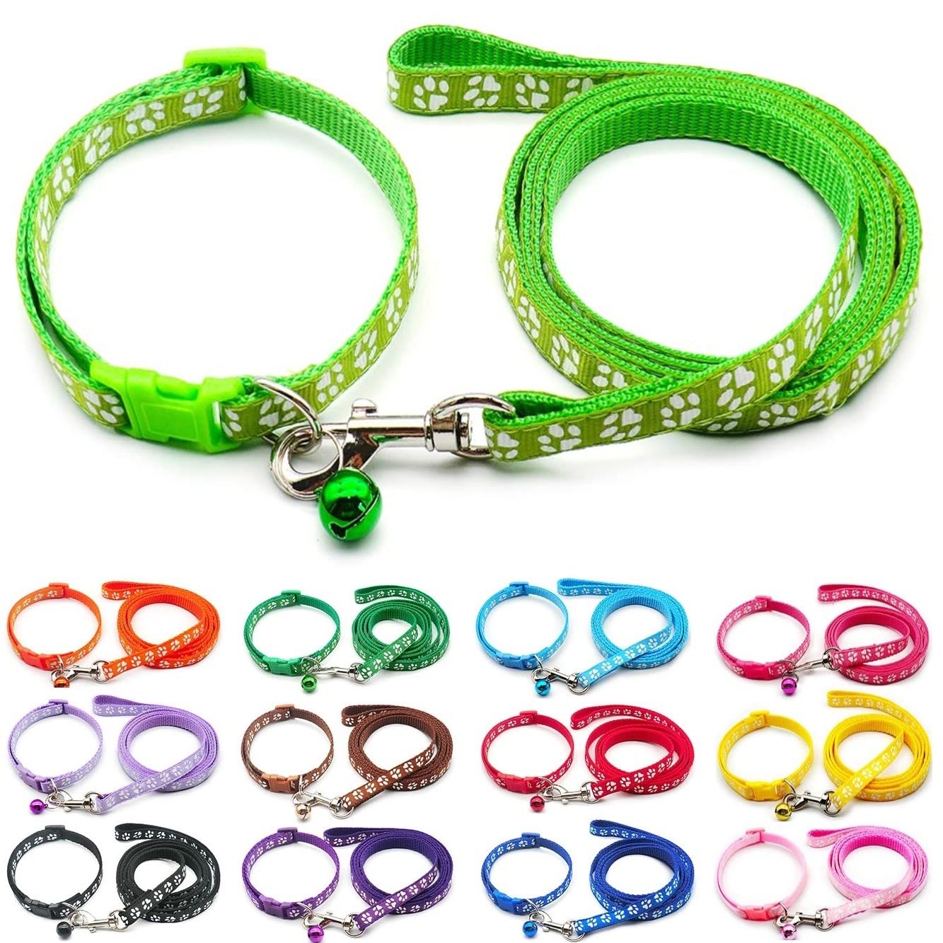 Small Dog Puppy Pet Collar and Lead Set Pawprint Design Nylon Adjustable Size 19-32cm Collar with Bell and 120cm Leash Lime Green