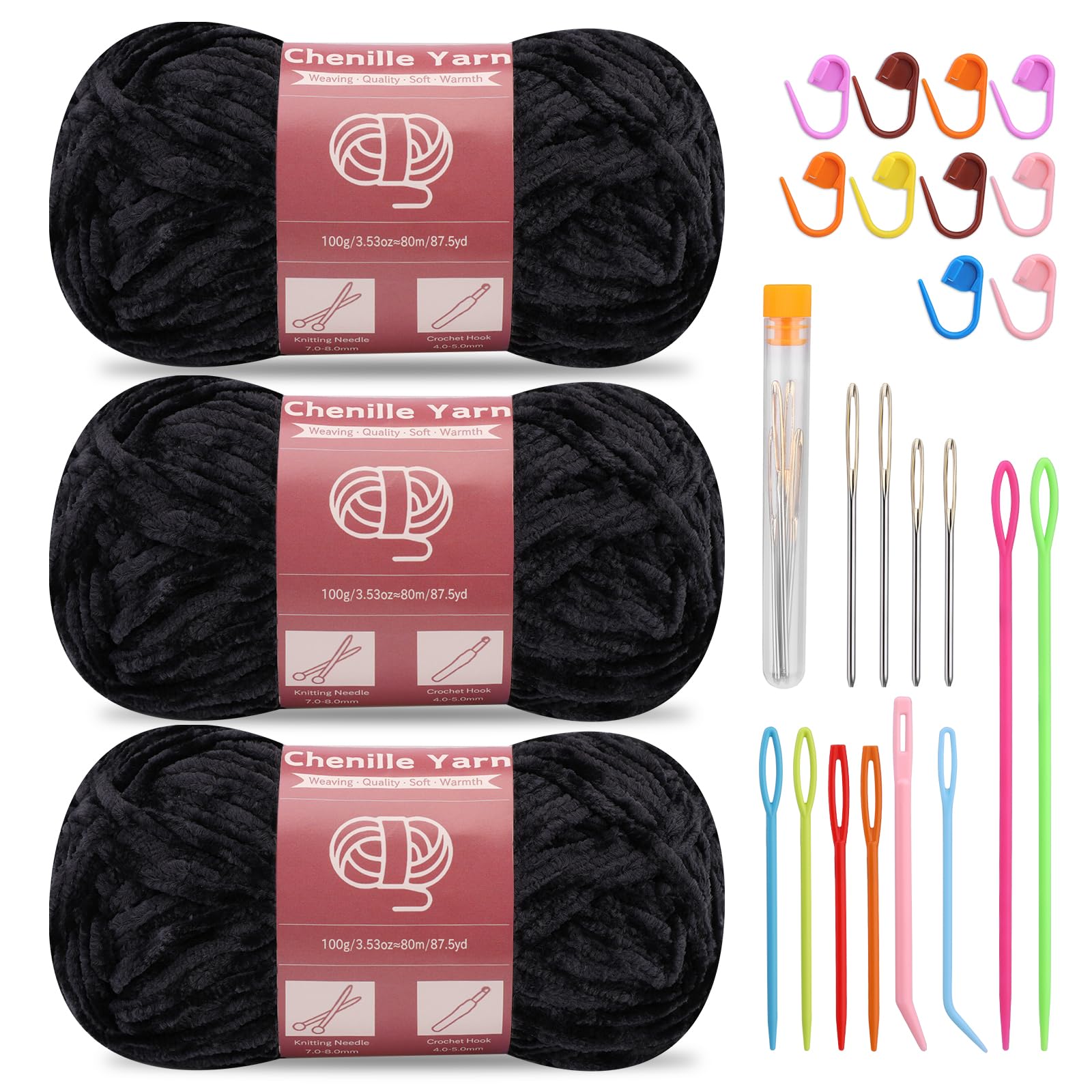 SUVSOON 3 * 100g Chenille Yarn, Chenille Velvet Yarn for Crocheting and Knitting with Needles Stitch Marker Handcrafts Weaving Soft Blanket Yarns for Blankets, Clothes, Pattern Knitting (Black) — image 1