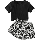 SOLY HUX Toddler Girl's 2 Piece Summer Outfits Short Sleeve Tee Tops and Floral Print Shorts Set