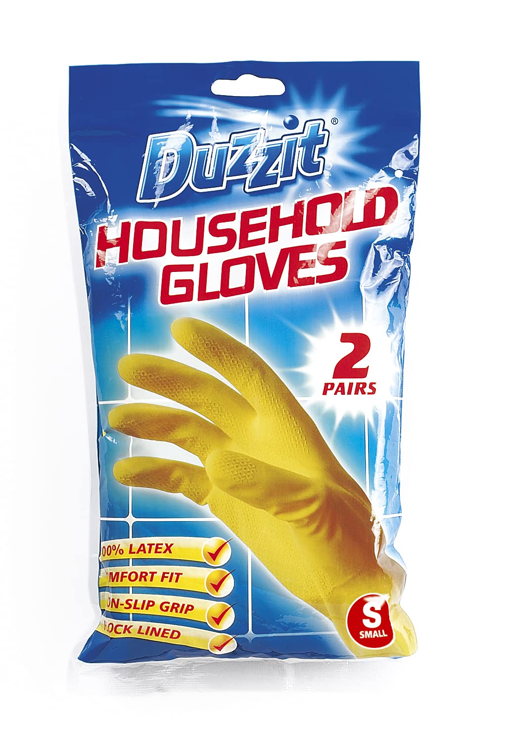 Duzzit Household Gloves 100% Latex Comfort Fit Lined Pack Of 2 Size Small, Yellow, Dzt1025A-48