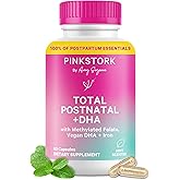 Pink Stork Total Postnatal Vitamins for Women | Vegan DHA, Iron, Folate, B12 | Postpartum Recovery Essentials | Lactation Support for Breastfeeding Moms | Third-Party Tested - 60 Capsules, Mint