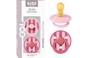 BIBS Pacifiers - Studio 2 Pack | Round Nipple Baby Pacifier | BPA Free Natural Rubber Latex Soother | Made in Denmark | Size 6+ Months | Block Baby Pink Coral