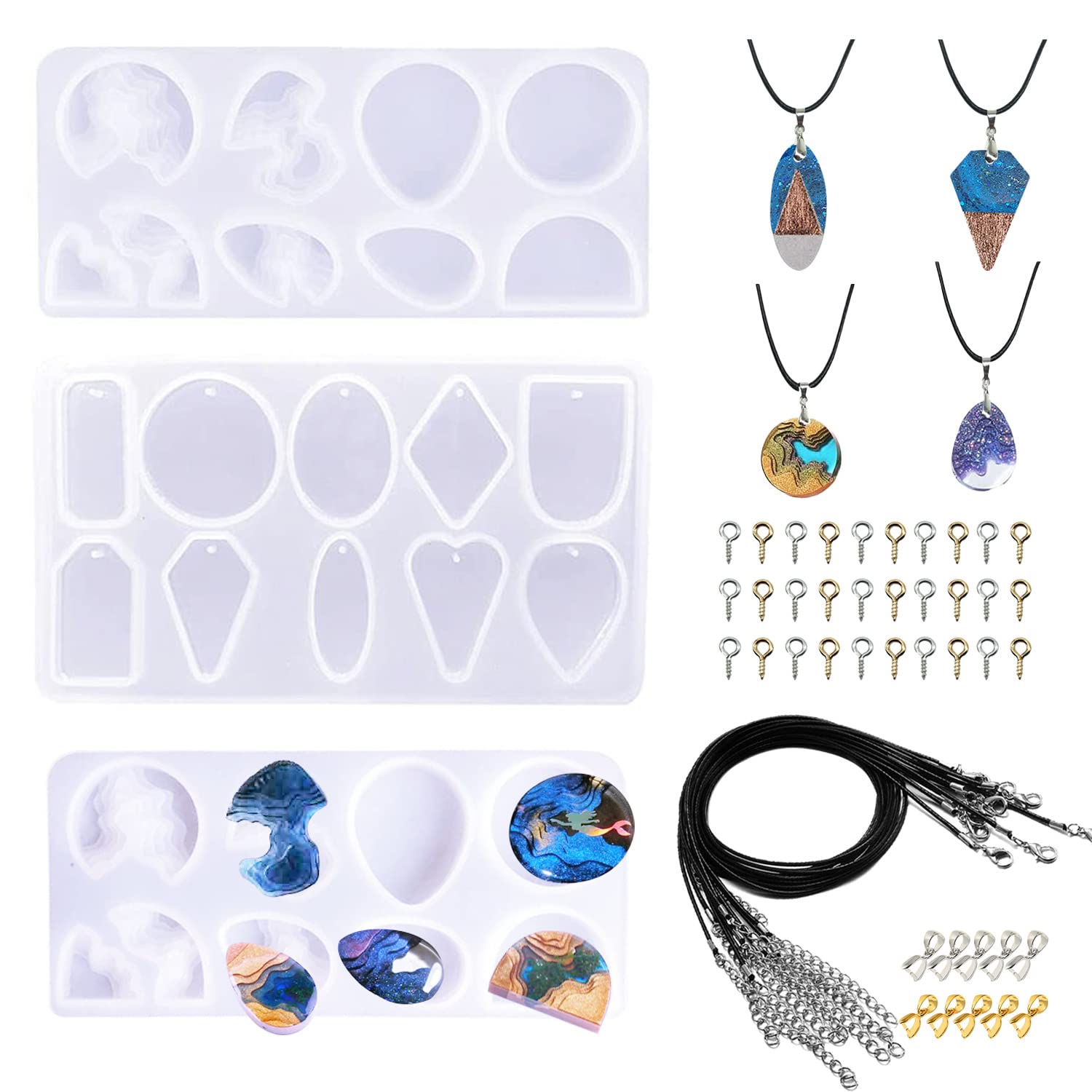 Cayway 3 Pcs Resin Necklace Moulds for Resin Casting Silicone Pendant Moulds with Necklace Cord and Pendant Clip Screw for Jewellery Making DIY Resin Craft Starter Kit