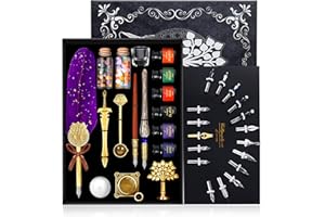 TIANREN Calligraphy Feather Dip pen set with 6 bottles of ink,Quill Pen,Wooden Dip Pen,Glass Dip Pen,Wax Seal Stamp Kits,Pen Holder,spoon,Letter opener, Christmas Gift for Men&Women(Purple)