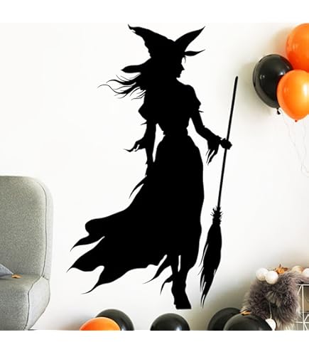 Witch On Broom With Cat Halloween Window Decals - Spooky Vinyl Stickers For Car, Van, Home