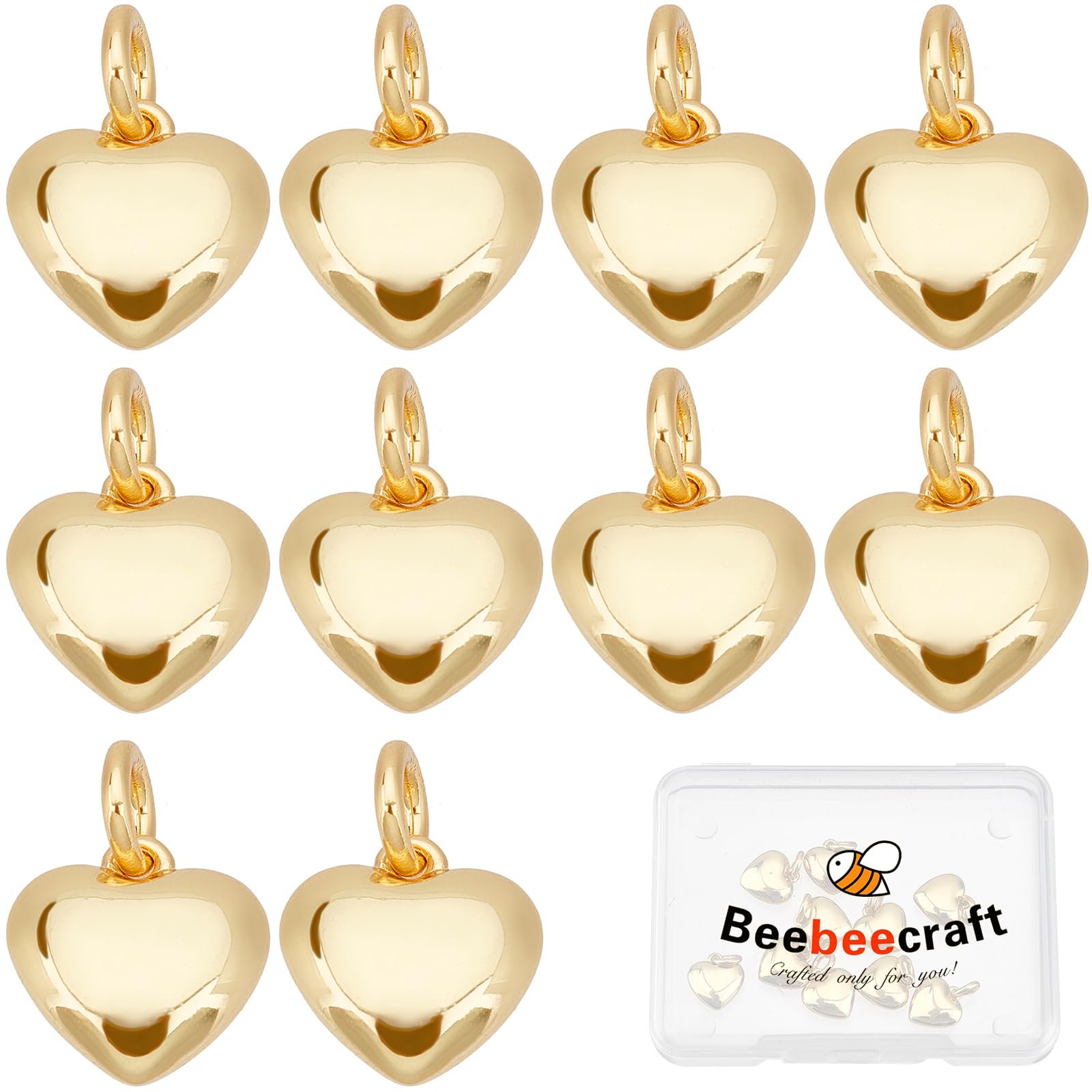 Beebeecraft 10Pcs/Box 18K Gold Plated Heart Charms 3D Heart Tiny 10x10mm Valentine Dangle Pendant Charms with Jump Ring for Christmas Valentine's Gifts Jewelry Making Finding — image 1