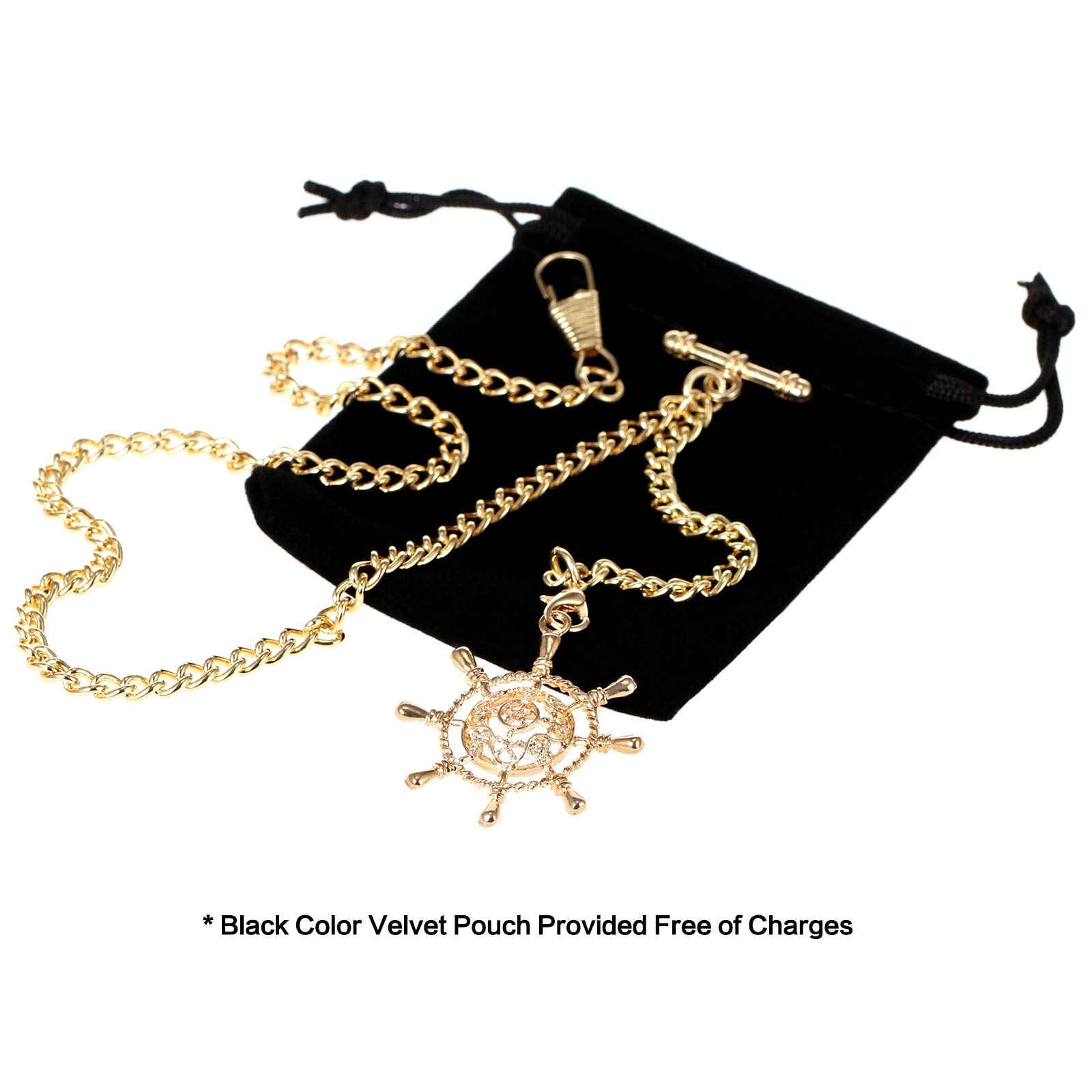 TREEWETO Men's Albert Chain Pocket Watch Curb Link Key Chain 2 Hooks with Antique Rudder Pendant Design Charm Fob T Bar