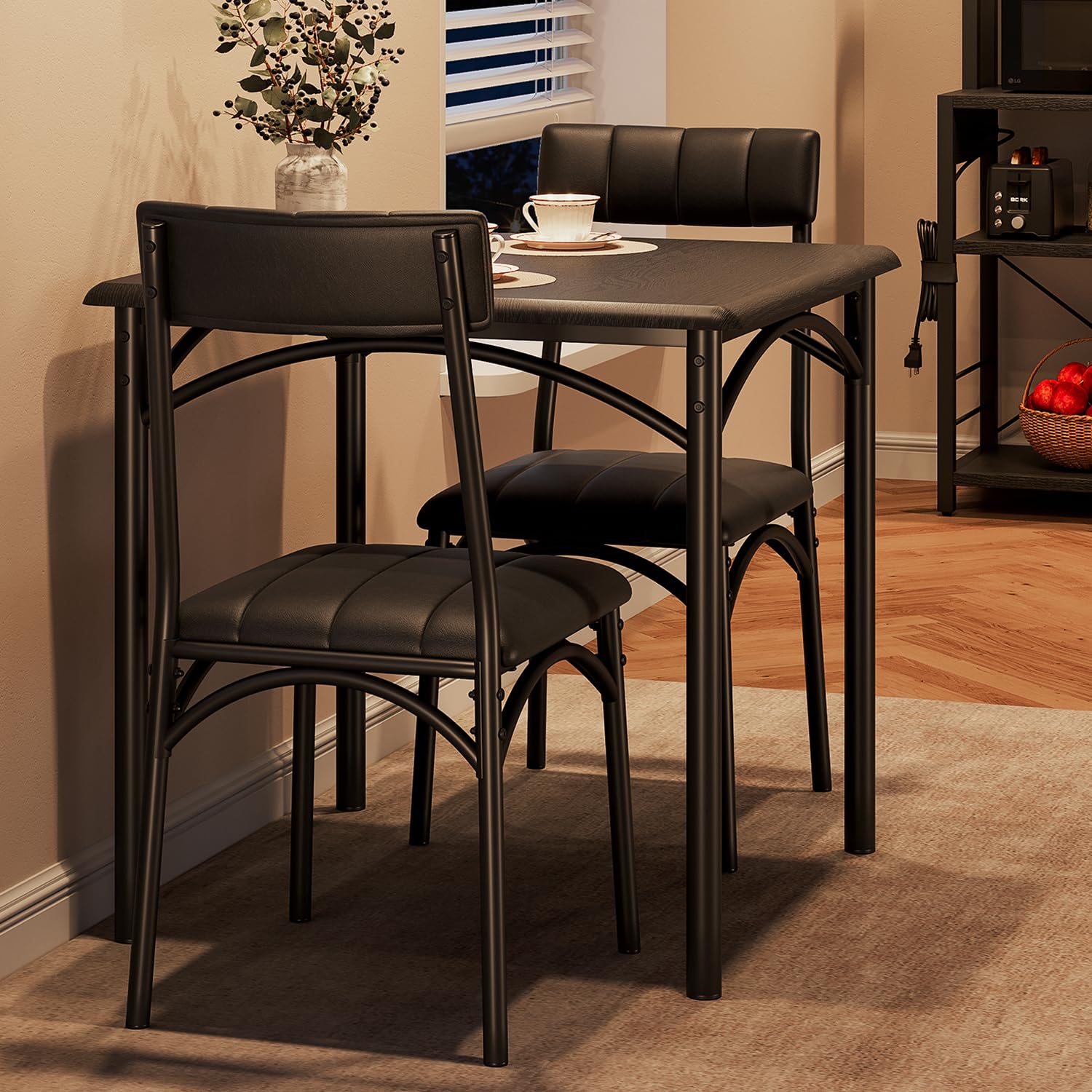 Photo 1 of GarveeHome Dining Table Set for 2, Kitchen Table with 2 Upholstered Chairs, Wood Square Dining Table and Chairs Set for Small Space, Apartment, Dinner, Rustic Black