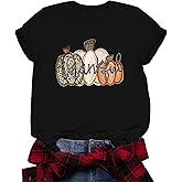 Leopard Pumpkin Shirts Women Halloween and Thanksgiving Fall Shirt Cute Shorts Sleeve Tops