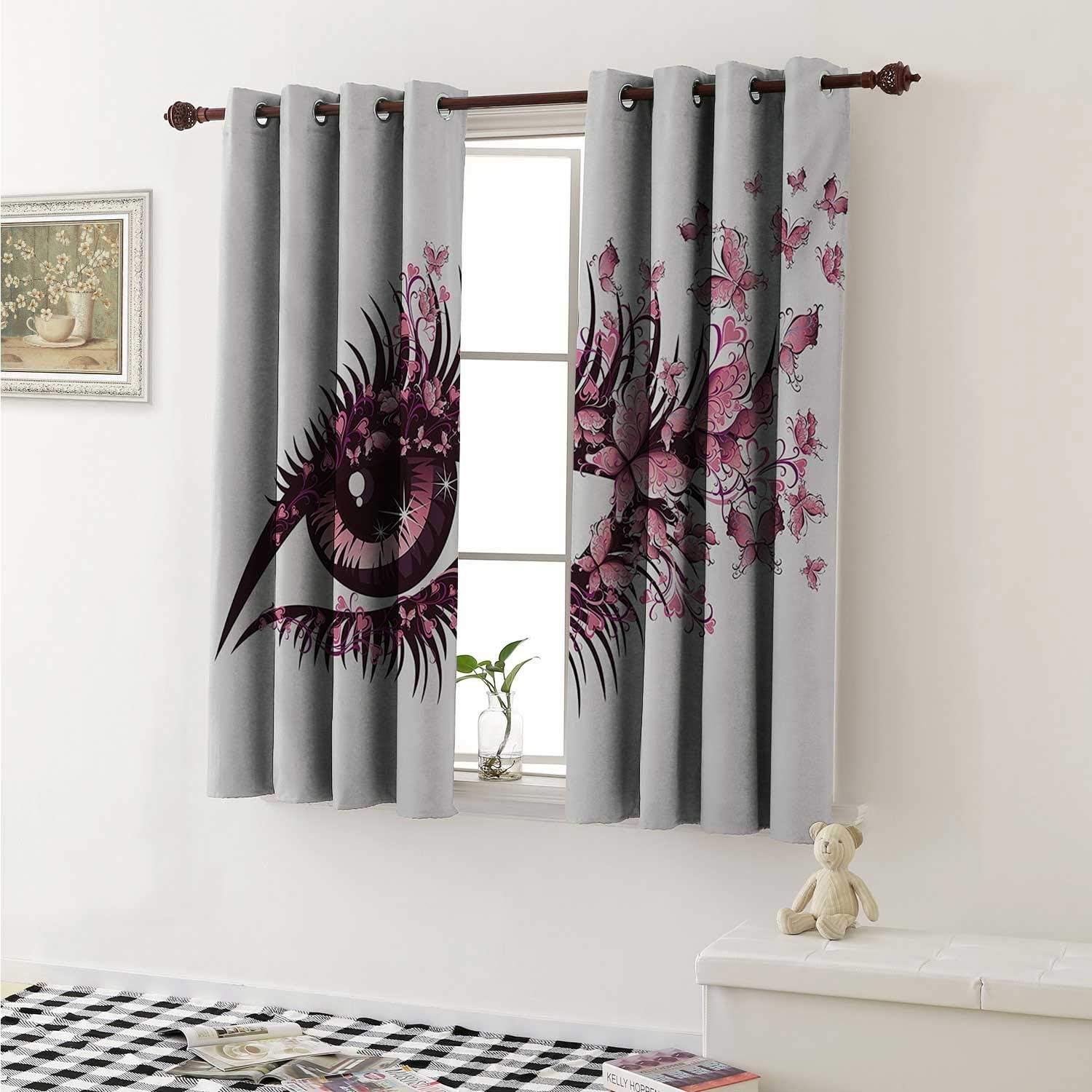 shenglv Butterflies Customized Curtains Fairy Female Eye with Butterflies Eyelashes Mascara Stare Party Makeup Curtains for Kitchen Windows W63 x L45 Inch Pale Pink Purple