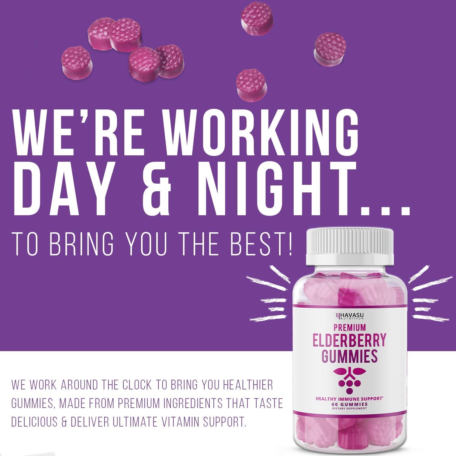 Havasu Nutrition Elderberry Gummies 100mg - Supports Immune System Health - Made with Plant-Based Pectin - NO Gelatin, NO Fructose Corn Syrup, Gluten Free - Natural Ingredients, 60 Gummies: Health & Personal Care