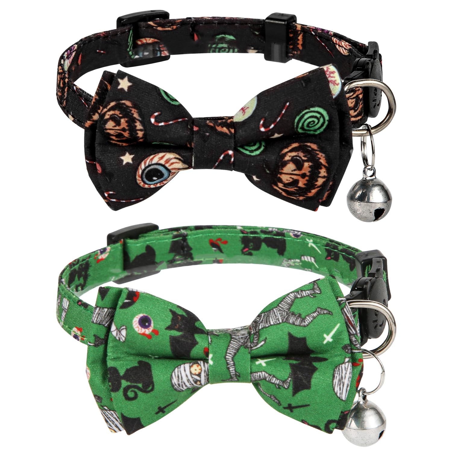 LUTER Halloween Cat Collar, 11.8x0.39 Inch Adjustable Kitty Collar with Bell, Bow Tie, Pumpkin Print - Green & Black