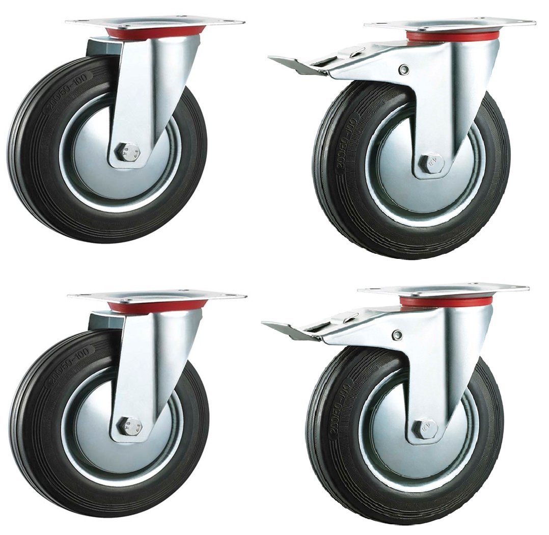 100mm Black Rubber Industrial Castors with Brakes - Top Plate Fixing - Heavy Duty Casters Wheels by Bulldog Castors - Max 400Kg Per Set