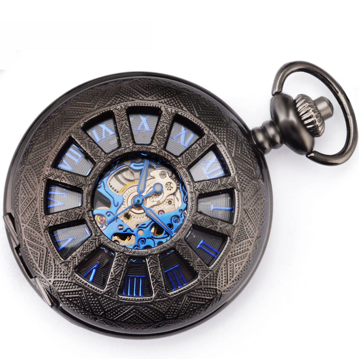 ManChDa Vintage Men Mechanical Pocket Watch Elegant Black Engraved Case Hollow Hunter Skeleton Dial with Chian + Gift Box