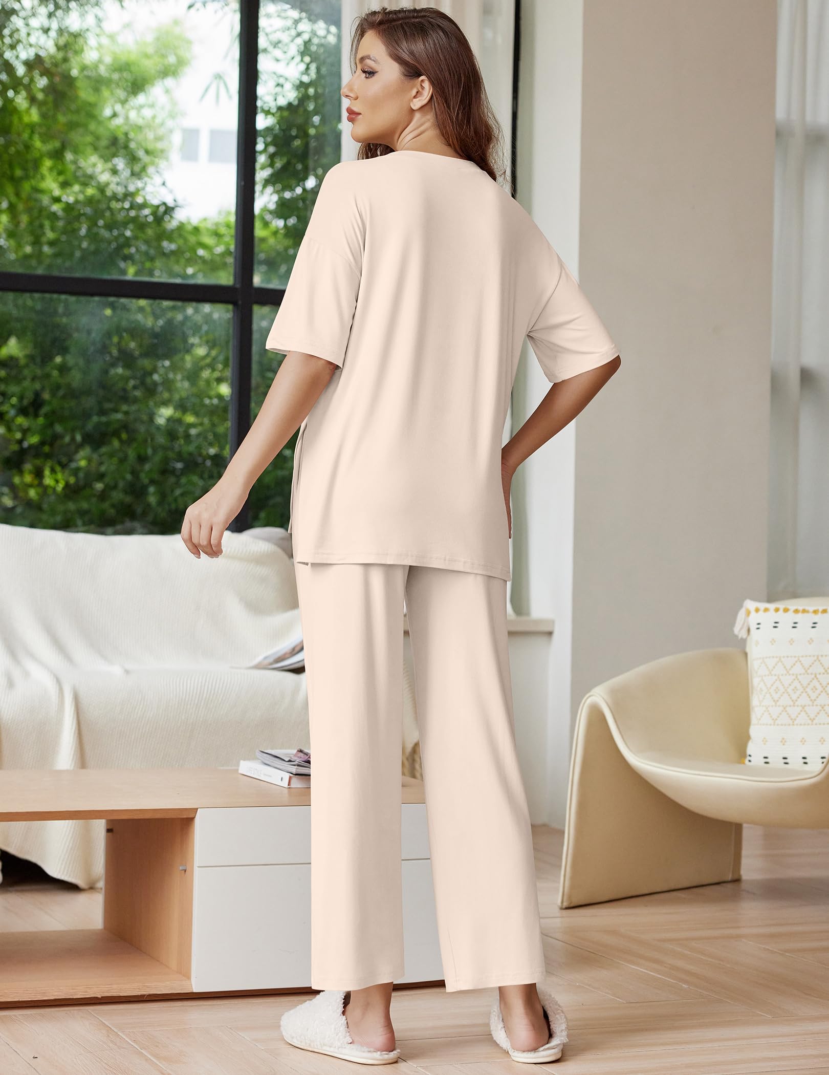 Ekouaer Lounge Sets for Women Short Sleeve Tops and Long Pants Soft Comfy Pajamas Set 2 Piece Outfits,Beige,M - Image 2