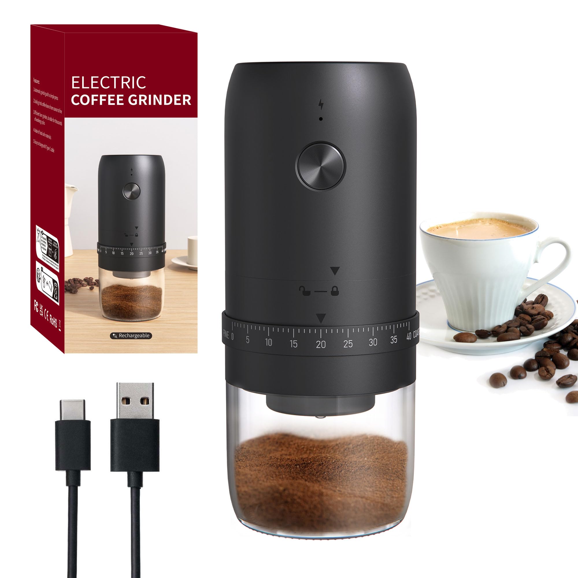 Photo 1 of Portable Battery Powered Burr Coffee Grinder with 40 Adjustable Settings and 35g Capacity, 1800mAh Rechargeable Coffee Bean Grinder with Conical Ceramic Burr for Travel, Camping, Office, Espresso etc